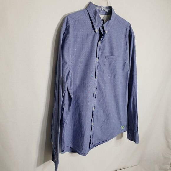 American Eagle Outfitters Men's Shirt Medium Polka Dot Button Down Blue Pocket - Picture 6 of 12